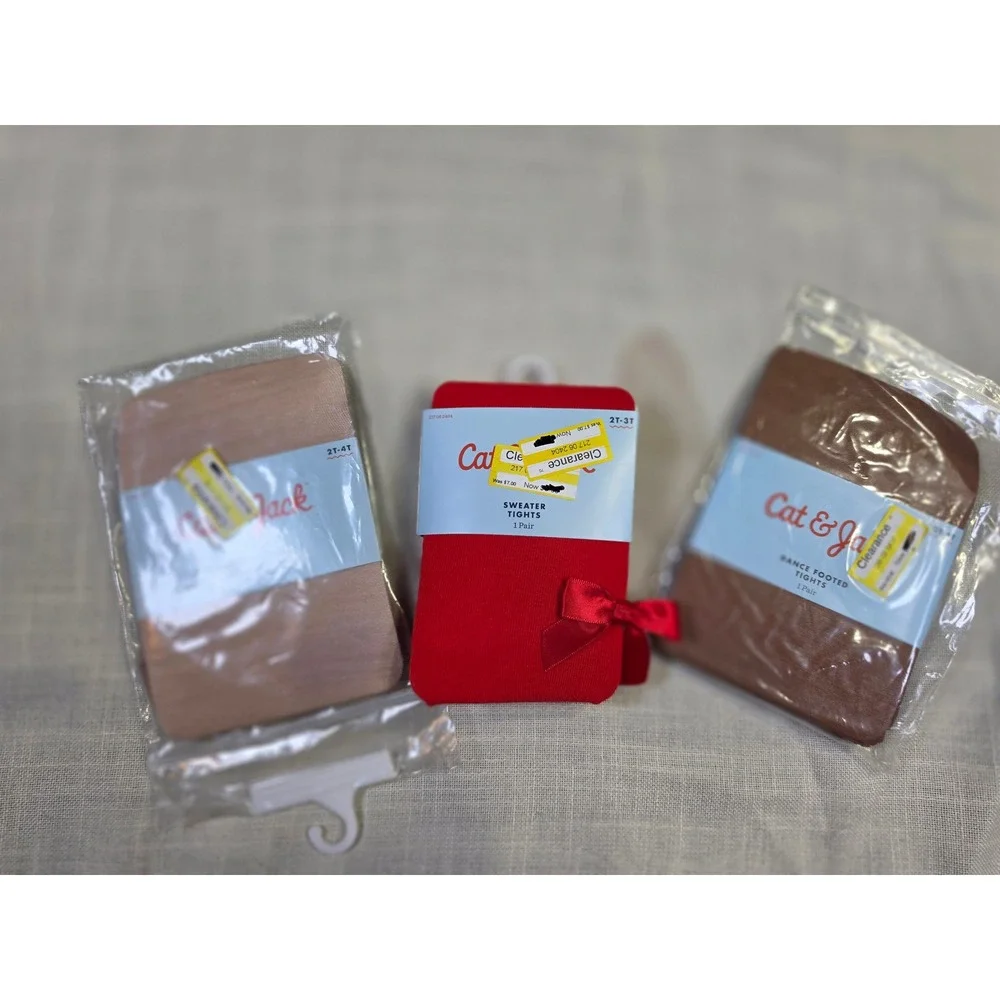 Cat & Jack Toddler Girls Tights Bundle Red Sweater Dance Footed Tan Brown 3pk